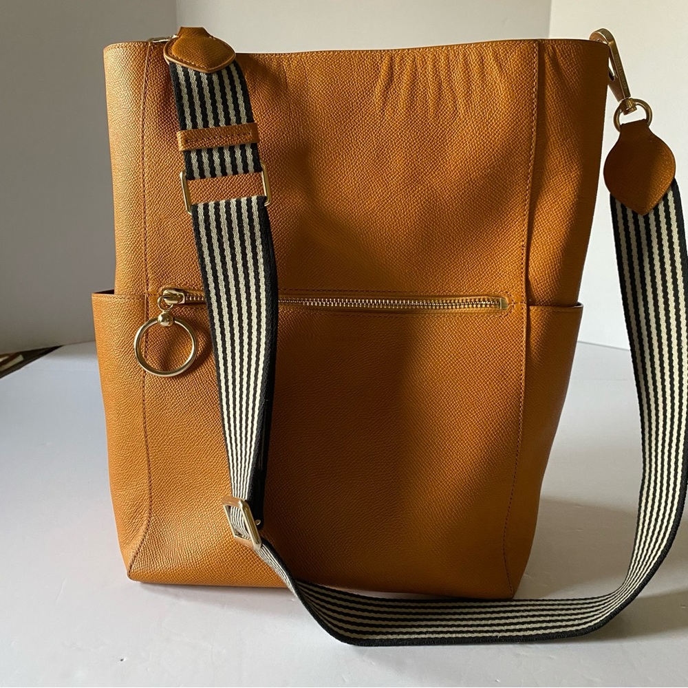 Stylish Rebecca Minkoff Tan Tote Bag with Striped Strap